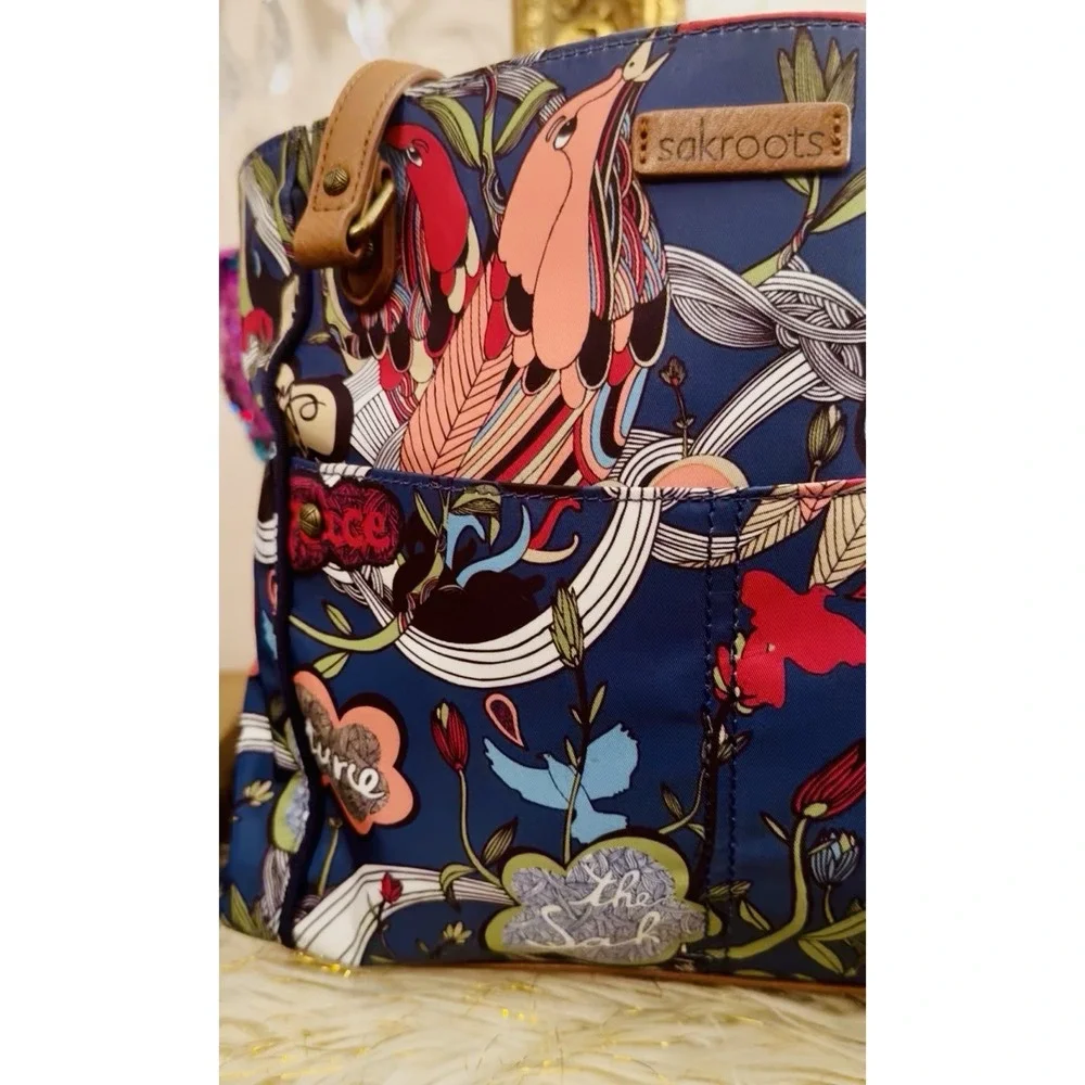 Sakroots Women's Peace Satchel Handbag Blue Multi Floral Birds And Makeup Bag